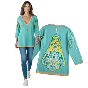 Y2K Charlotte Tarantola Granita Pacific Silk Tunic Top - Aqua Beaded - Large